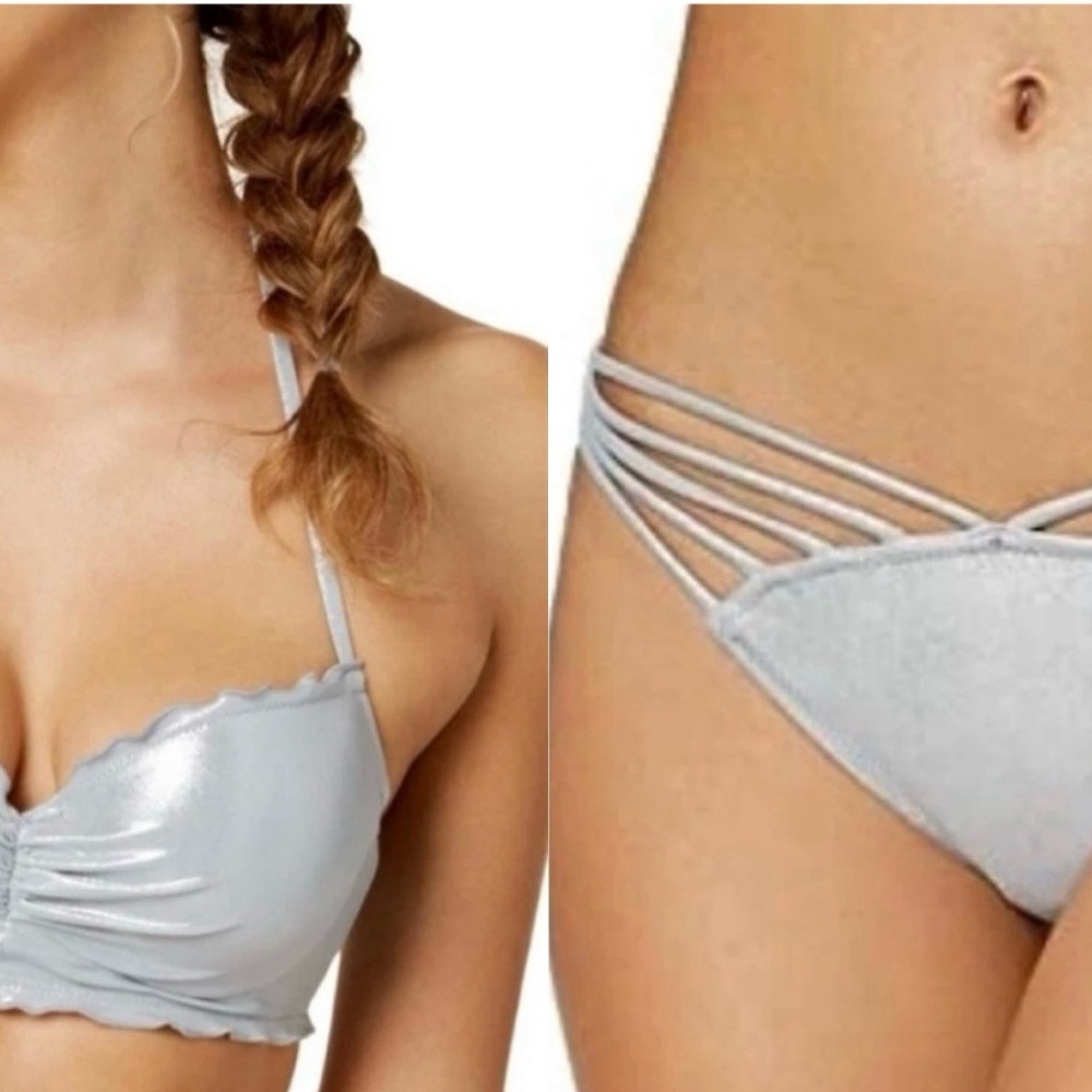 Sundazed Metallic Nixie Bikini 32DD Lacy Strappy Cheeky Medium Silver glitter